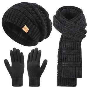 Unisex Winter Cozy Black 3pc Set Long Scarf Touchscreen Gloves Beanie Hat Cap‎